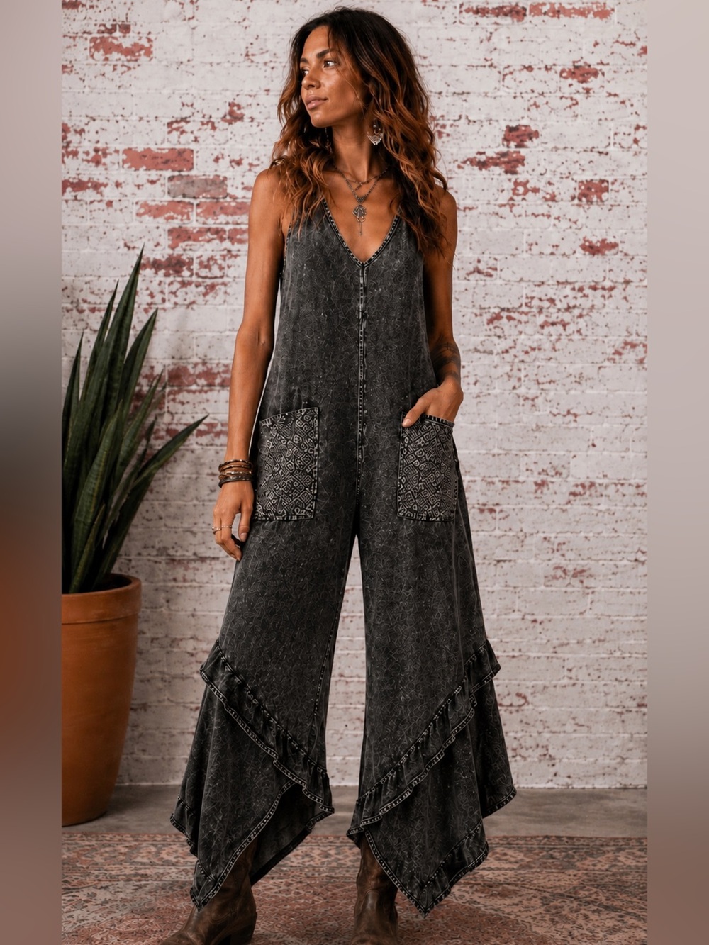 J.Her L Black Jumpsuit with Patch Pockets and Asymmetrical Ruffle Trim